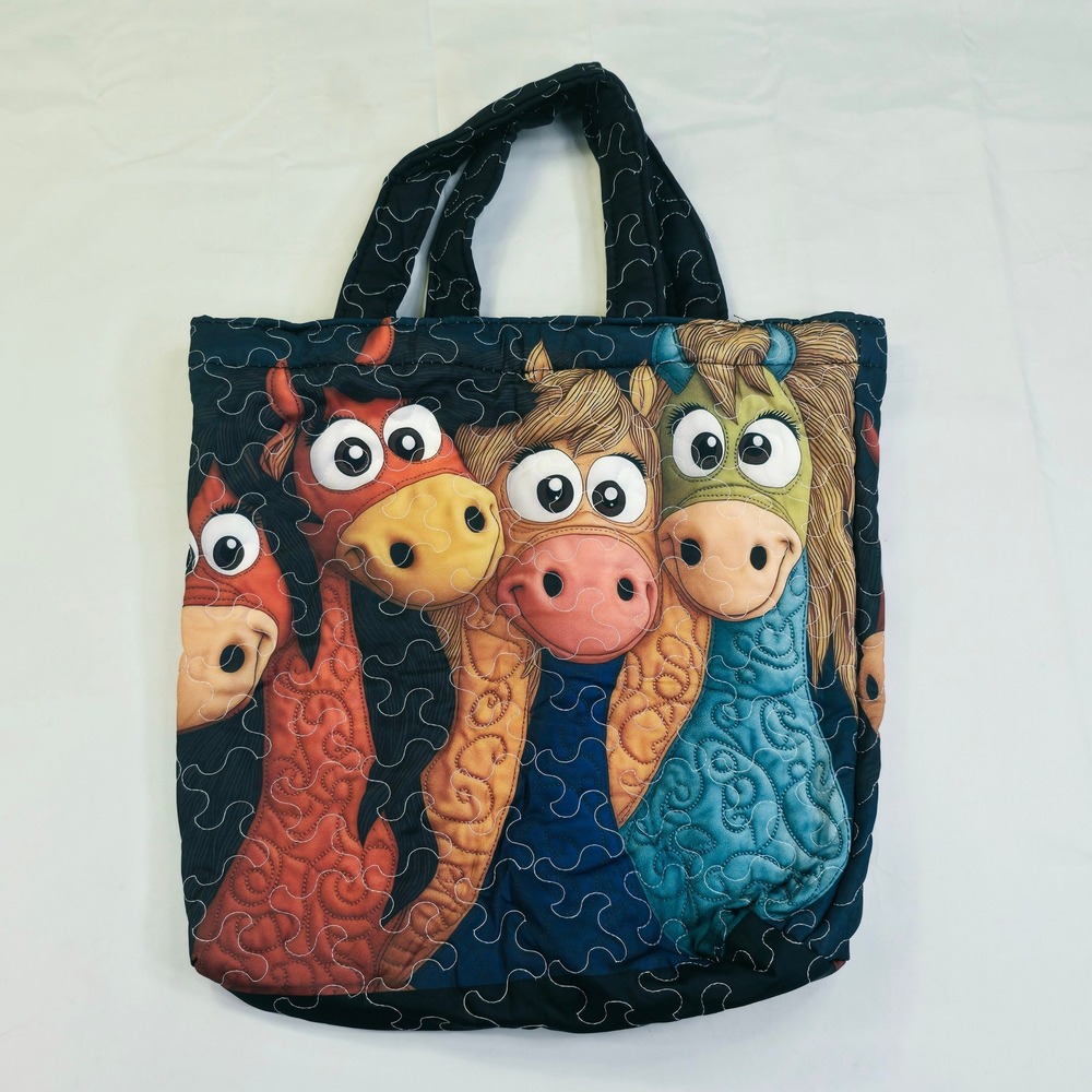 Womens Quilted Horse Graphic Tote Bag Large Multi-Color Whimsical Art New